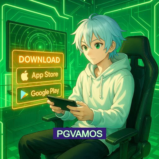 Imagem promocional do app oficial PGVAMOS destacando a conveniência de jogar cassino online pelo celular ou navegador