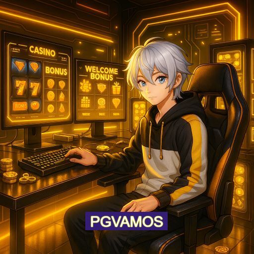 Imagem promocional do app oficial PGVAMOS destacando a conveniência de jogar cassino online pelo celular ou navegador