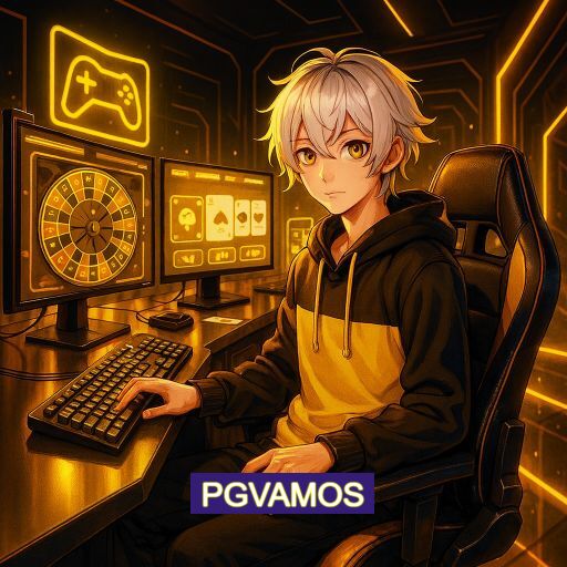 Imagem promocional do app oficial PGVAMOS destacando a conveniência de jogar cassino online pelo celular ou navegador