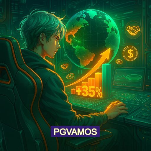 Imagem promocional do app oficial PGVAMOS destacando a conveniência de jogar cassino online pelo celular ou navegador